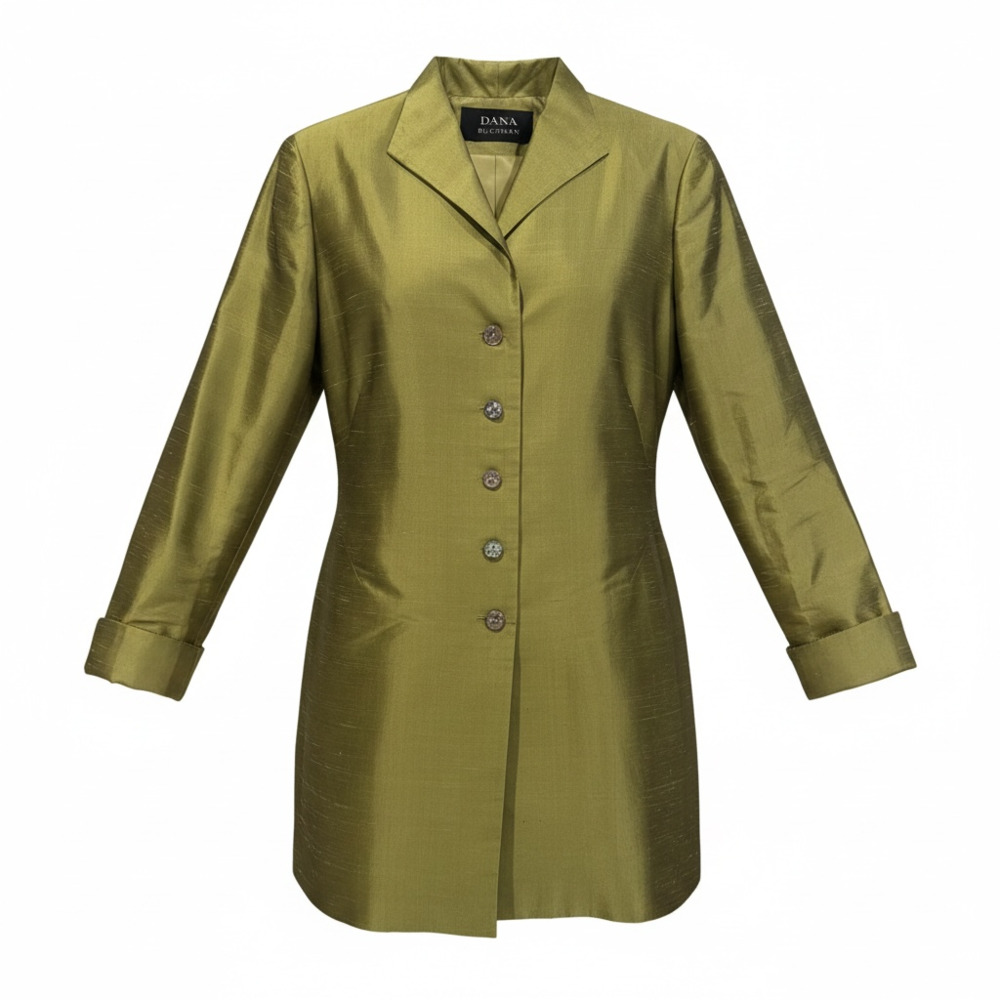 Dana Buchman Vintage Olive Green Silk Dupioni Longline Blazer Jacket